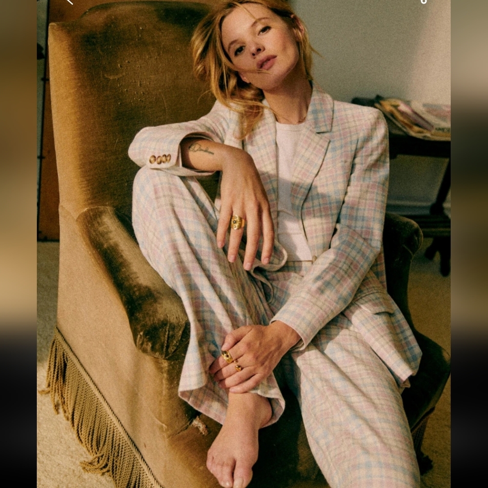 Sezane Christie Pastel Check Wool Jacket with Button Details